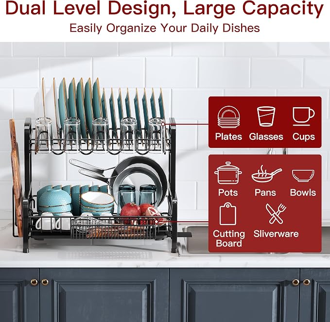 BOOSINY 2 Tier Black Stainless Steel Dish Drying Rack - Image 3