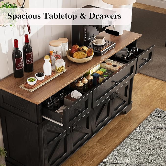 Farmhouse Buffet Cabinet with Storage, 55 Inch Black Sideboard Buffet Cabinet with Adjustable Shelves & 3 Drawers, Buffet Table Coffee Bar Wine Bar Storage for Kitchen & Living Room