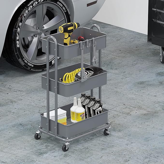 Simple Houseware 3-Tier Heavy Duty Metal Utility Rolling Cart, Silver