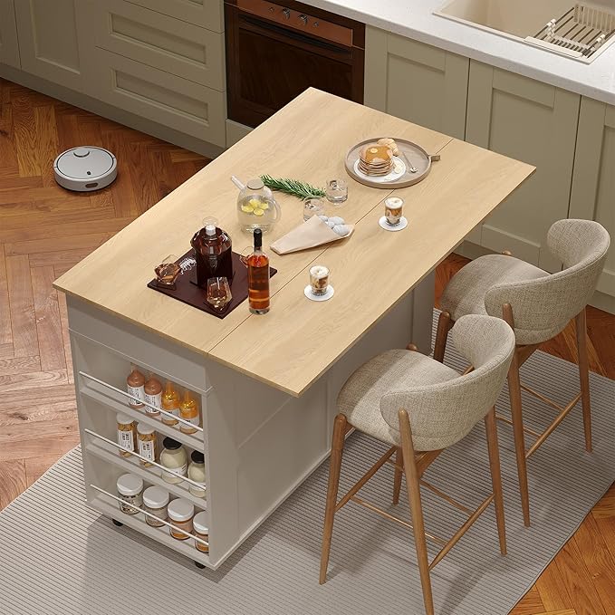 47.2 in Mobile Kitchen Island with Drop Leaf Countertop, Charging Station & Ample Storage, Rolling Kitchen Cart on Wheels with Pull-Out Shelves, Drawers, Spice Rack & Organizer Divider (Gray-1)