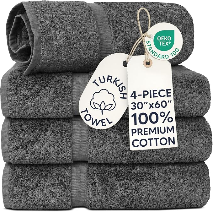 Chakir Turkish Linens 100% Cotton 4-Pack Bath Towels 30x60, Dark Gray | Premium by ChakirTurkishLinens