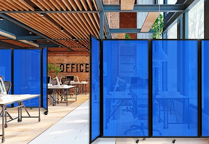 Versare Polycarbonate Room Divider 360 Portable Wall Partition | Freestanding Office Dividers | Locking Wheels | Privacy Screen Panels - 19'6" x 4' Blue Thermoplastic Polymer