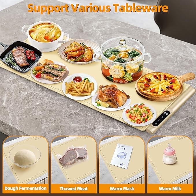 Graphene Food Warming Mat, Extra Large (XXL 36”x 16") Electric Warming Tray with 6 Temp Settings, Portable Food Warmers for Buffets Party Countertop, Practical Gifts for Mom Wife, Beige