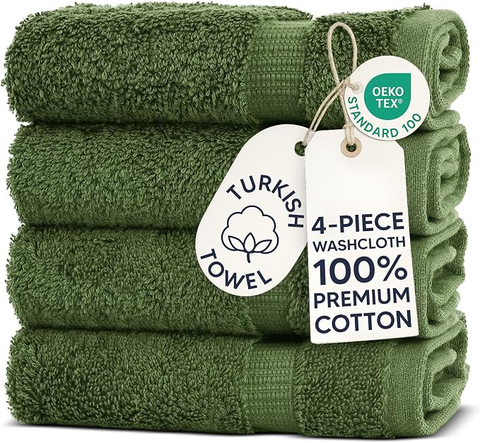 Chakir Turkish Linens 100% Cotton 4-Pack Washcloths 13x13, Moss | Premium by ChakirTurkishLinens