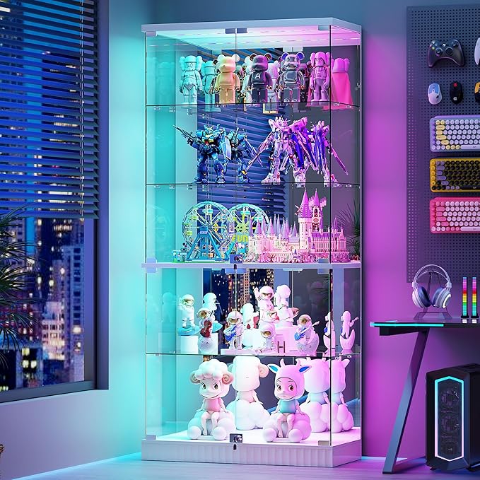 Glass Display Cabinet with RGB Lights - 5-Tiers Curio Cabinet Display Case with Lock, Frameless Tall Showcase Display Shelf for Collectibles & Legos, Living Room Bookcase Storage Cabinet (White)