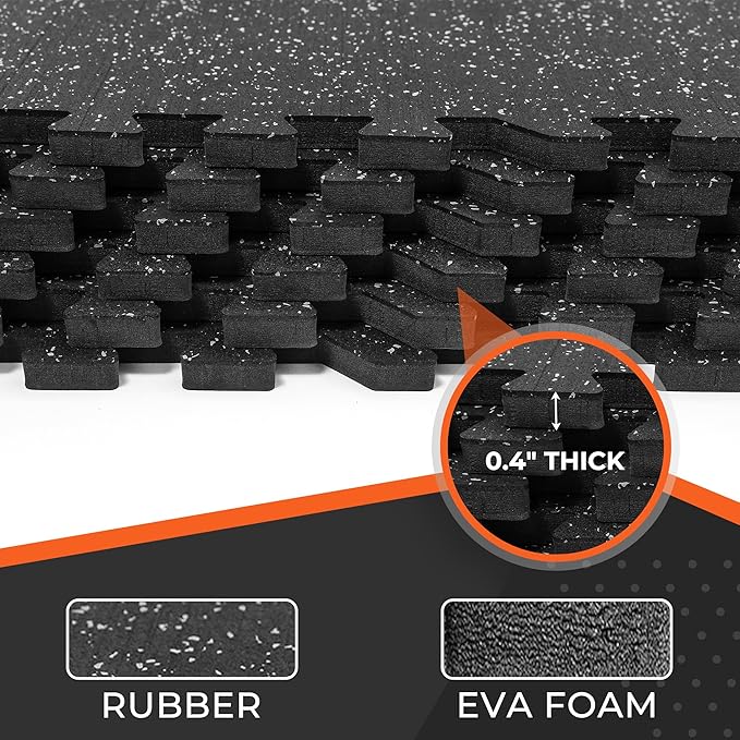 SUPERJARE 0.4'' Thick 36 Pcs 144 Sq Ft Rubber Top Exercise Equipment Mats, High Density EVA Foam Mats with Rubber Top, Interlocking Gym Flooring for Home Gym, Protective Workout Mat, Black/Grey