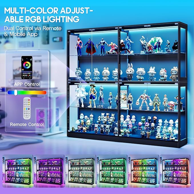 AMERLIFE RGB Display Cabinet with Adjustable Glass Shelves, 4-Tier Storage Case with LED Lights & Press-to-Open Doors, Modern Display Shelf for Collectibles, 70" H×75" L×16" D