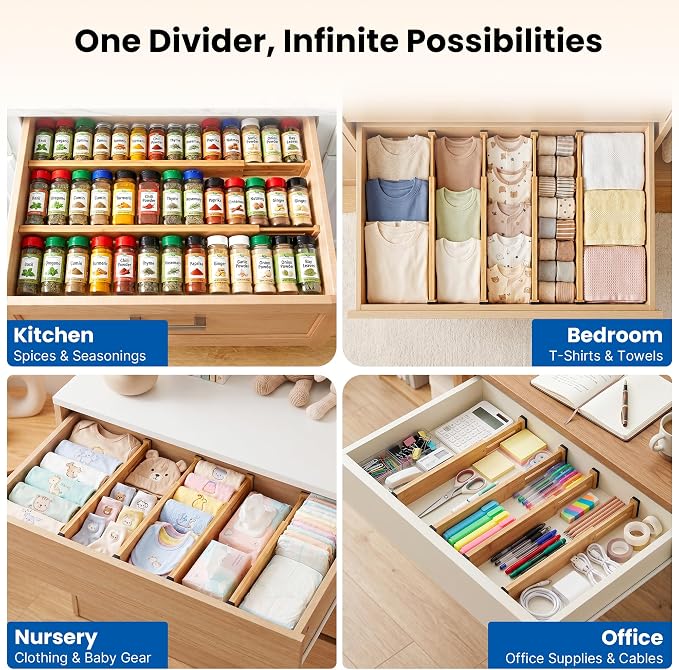 4 Pack 2.36" Bamboo Drawer Dividers, 17-22" Expandable Kitchen Organizers | - Image 7