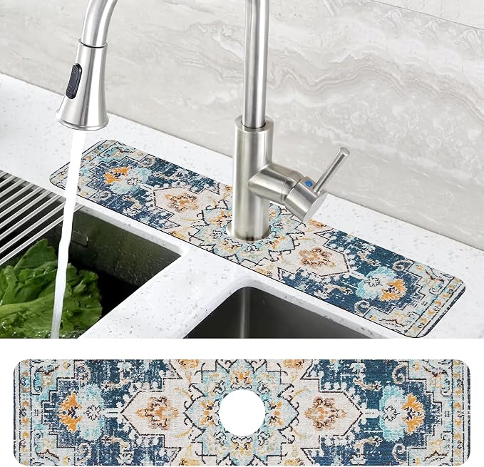 Oriental Blue Turkish Carpet Pattern Sink Faucet Absorbing Mat Sink Splash - Image 4