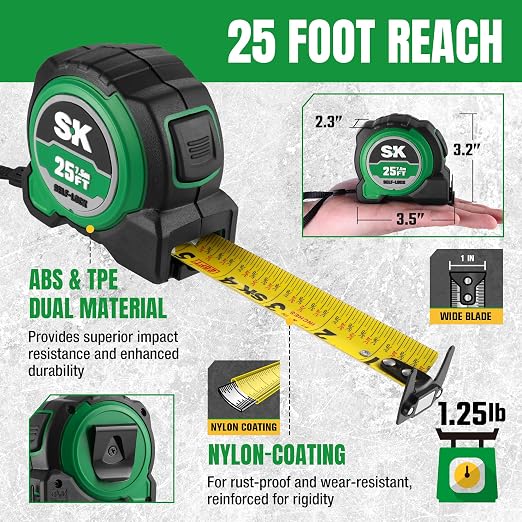 SK 25FT Tape Measure with Magnetic Hook and Self-Locking Mechanism - Image 3