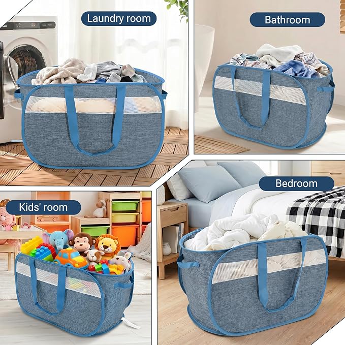 100L Collapsible Laundry Baskets, Foldable Dual Handles Laundry Hamper Blue | - Image 7