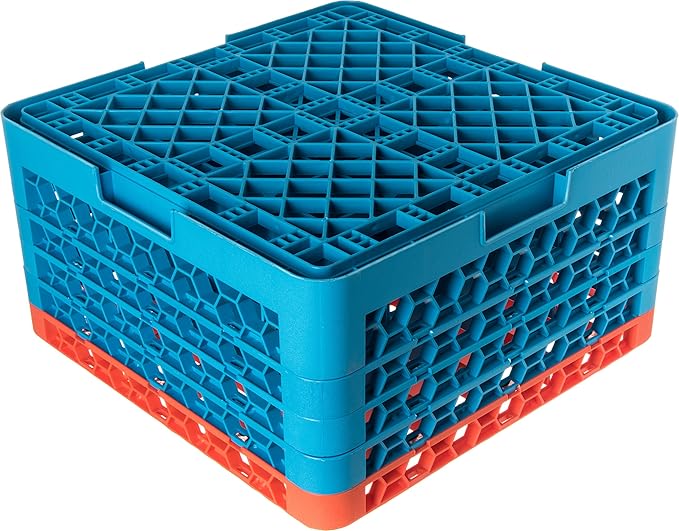 CFS RG36-4C412 OptiClean 36 Compartment Glass Rack with 4 Extenders, 10.3", Polypropylene, Orange/CFS Blue