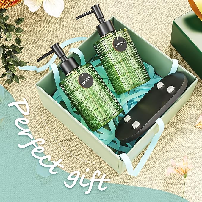 Green Glass Soap and Lotion Dispenser Set - Image 6