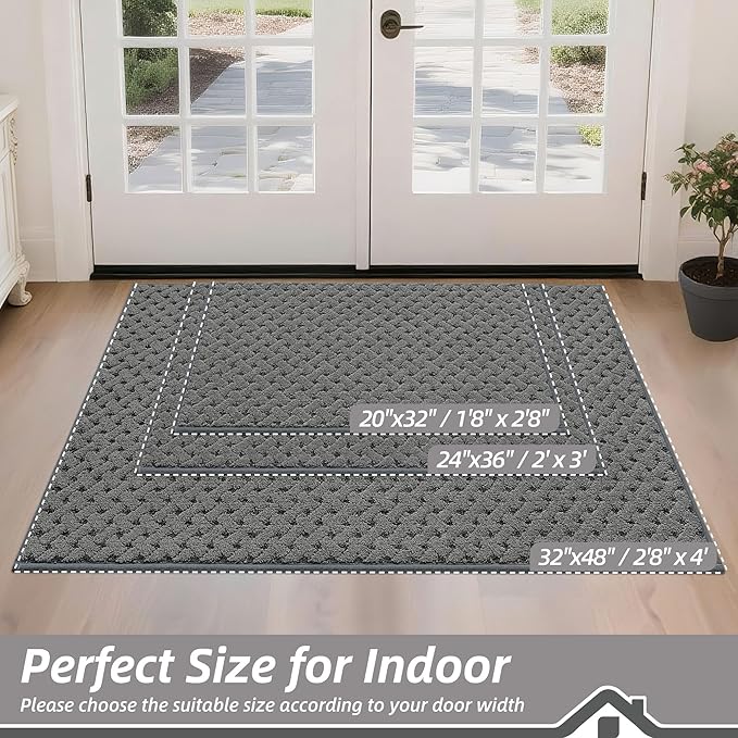 BEQHAUSE Dirt Trapper Door Mat Non-Slip Entryway Rugs Stain Resistant Absorbent Dog Doormats Woven-Look Washable Welcome Floor Doormat for Front Back Door, Muddy Wet Shoes & Paws, 20" x 32", Grey