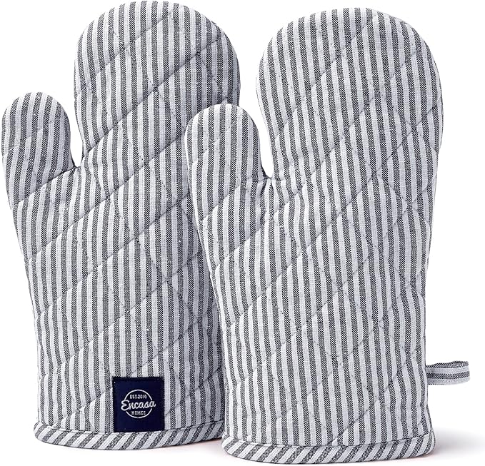 Encasa XO Long 12"x7" Oven Microwave Hand Gloves Mitts (2 pc Set) for Kitchen Cooking & Baking - Heat Resistant, Thick & Safe, Protection of Hands from Hot Utensils - Ticking Navy Blue