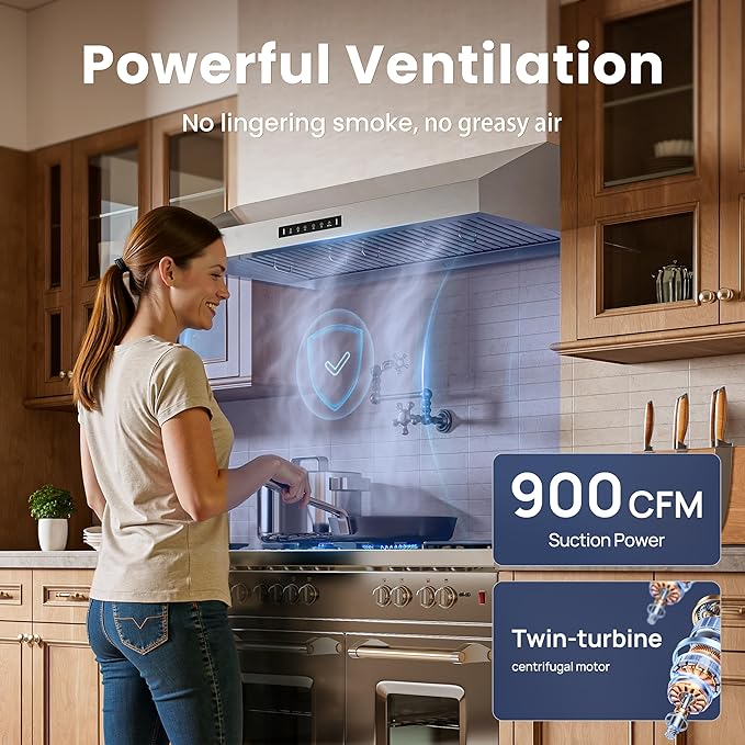 Under Cabinet Range Hood 30 Inch,Range Hood 900-CFM,1.5 Sones Quiet Dual Turbine Motor,Stainless Steel Vent Hood with 3 Speed Exhaust Fan,Safe Baffle Filters for Kitchen Stove
