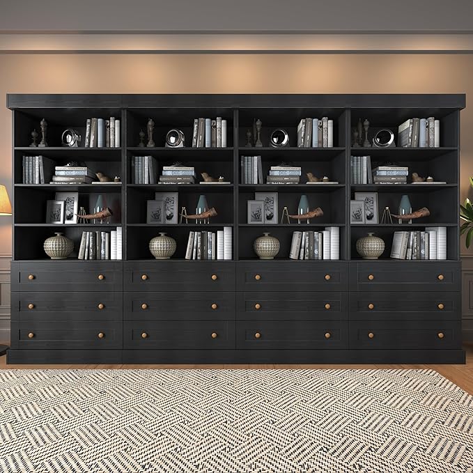 Vyre 71" Tall Farmhouse Kitchen Pantry, Set of 4 Large Storage Cabinets with 3 Drawers, Adjustable Shelves, Wood Versatile Hutch Cabinet for Living Room, Dining Room, Black