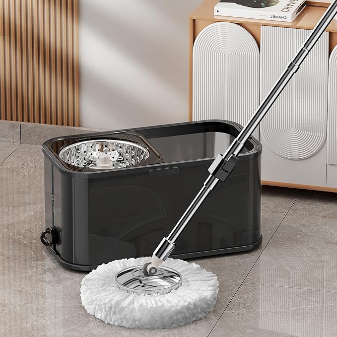 Spin Mop and Bucket with Wringer Set for Home,360° Mop and Bucket with Separate Clean and Dirty Water,Wet Dust Mop for Floor Cleaning with Extra Refills (Black)