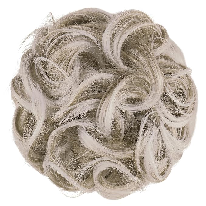 FESHFEN Large Messy Bun Hair Piece - Wavy Synthetic Chignon Scrunchies Elastic Ponytail Hair Extensions Thick Hairpieces for Women, Silver Blonde 1.94oz