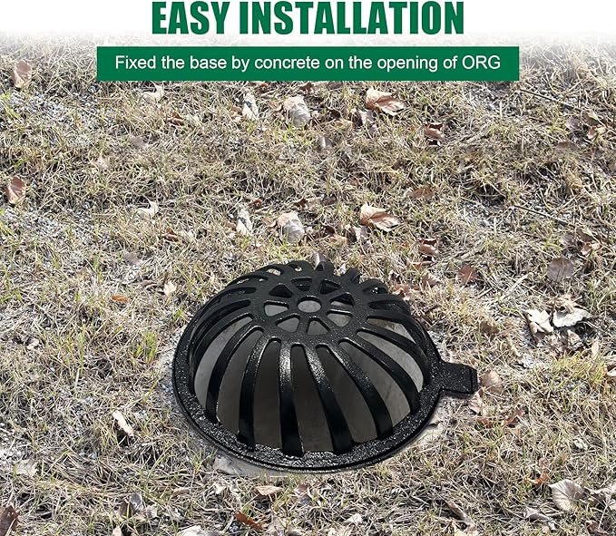 12in Ductile Iron Atrium Drain Grate and Frame,Dome Durable Metal Overflow Relief Gully Dome Grate with Bolted Down Base,Cast Iron Sewage Drain Grates for Garden,Yard,Lawn(Overall Size 14.2")