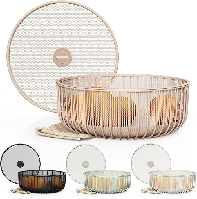 Metal Fruit Bowl with Mesh Lid and Basket - Fruit and Vegetable Holder For Kitchen Counter - Countertop Display Baskets Organizer - Bowl Storage for Veggie, Fruits, Snack, and Banana - Peach