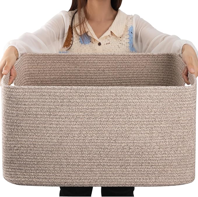 OIAHOMY 75L Large Blanket Basket Woven Cotton Rope Storage Basket Brown by MasterofSpaceOptimization