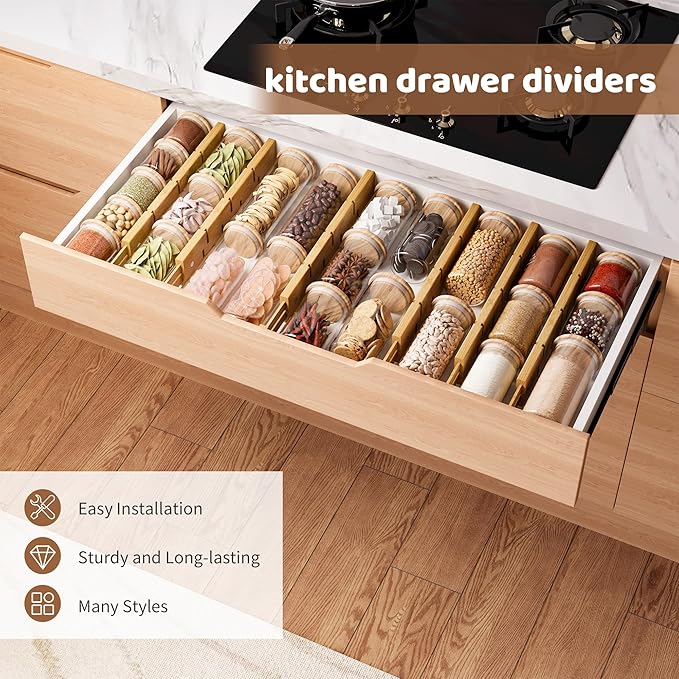 Bamboo Drawer Dividers with Inserts kitchen drawer organizer Adjustable Expandable 8 Pack Organizer Set for Kitchen Bedroom Bathroom Office 8 Dividers with 16 Inserts (Natural, Large (18-22.5IN))