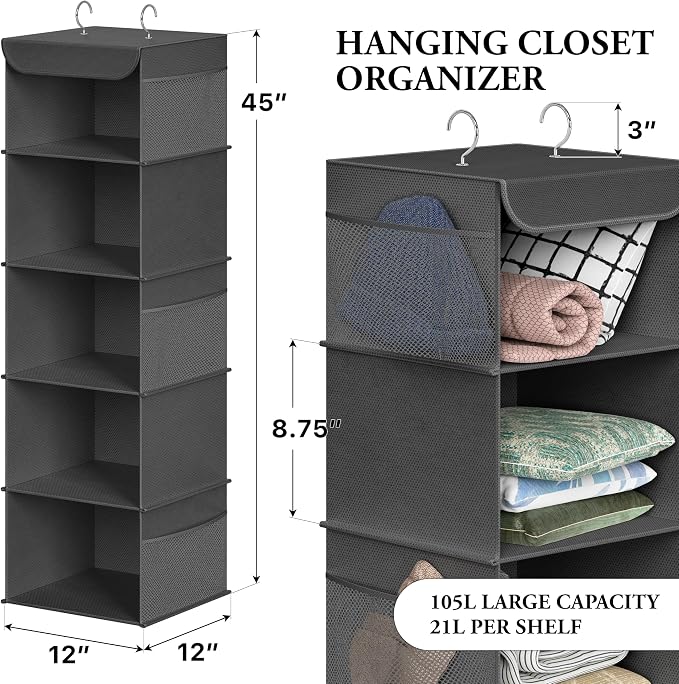 Simple Houseware 5 Shelf Hanging Closet Organizer, Dark Gray | 360° Rotating - Image 2