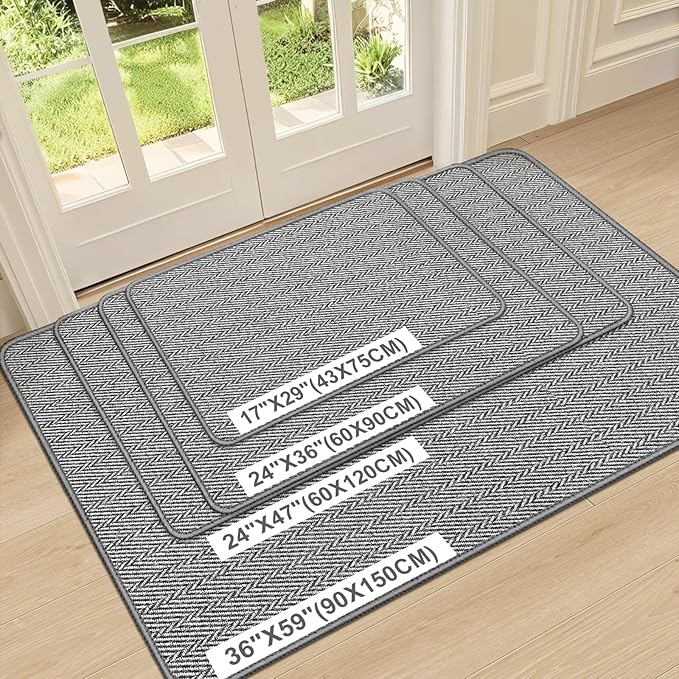 Ultra Thin Door Mat Indoor Entrance 36"x59", Low-Profile Indoor Door Mat, Large Non Slip Entry Mat Rubber Backing Unique Herringbone Design Inside Doormat Dirt Trapper Entryway Mats, Grey