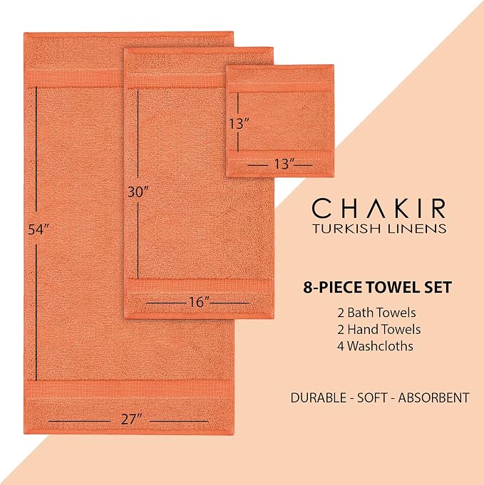 Chakir Turkish Linens 100% Cotton 8-Piece Towel Set, Coral | Premium Towel Set - Image 6