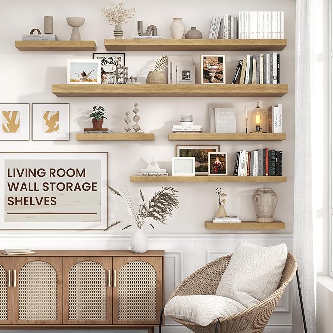 Floating Shelves for Wall 48"W x 9"D x 1.5"H, Long Engineered Wood Wall Shelves with Invisible Brackets for Living Room Bedroom Bathroom Office Kitchen Decor and Storage, Oak Finish, Set of 2