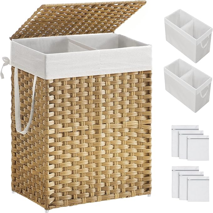 SONGMICS Laundry Hamper with Lid, 90L Double Wicker Basket, 6 Mesh Bags by Unknown