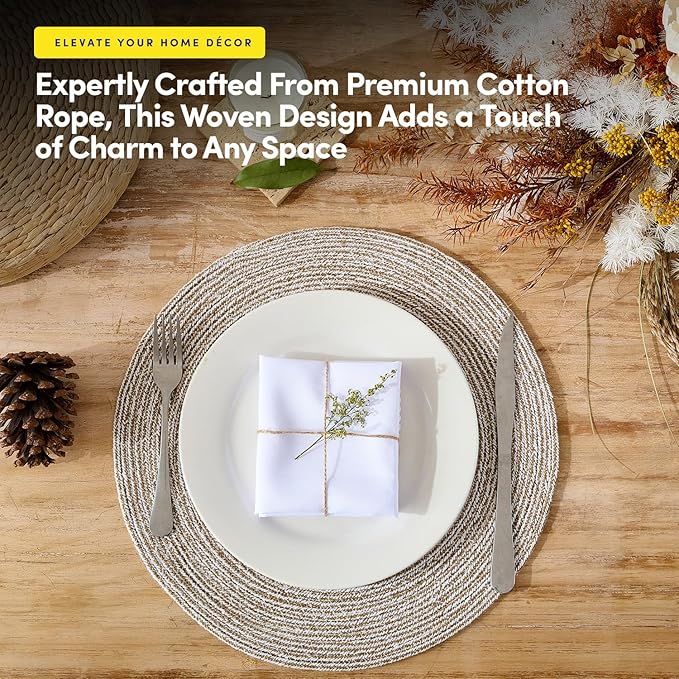 Round Placemats Set of 4-100% Cotton Two-Tone Placemat for Dining Table - Woven Braided Table Setting Place Mat - Washable Table Decor for Kitchen, Farmhouse, Rustic, Everyday Use, Eggshell