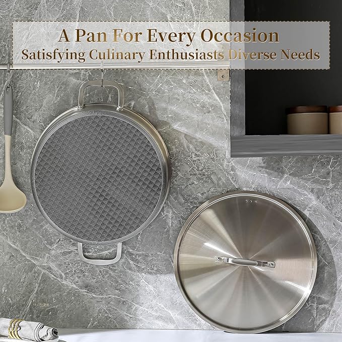 DELARLO Tri-Ply Stainless Steel Braiser Pan with Lid 5 Quart Nonstick Induction Rondeau Cooking Pot 12inch Deep Frying Pan Large Saute Pan Heavy Duty,Dishwasher and Oven Safe to 550℉