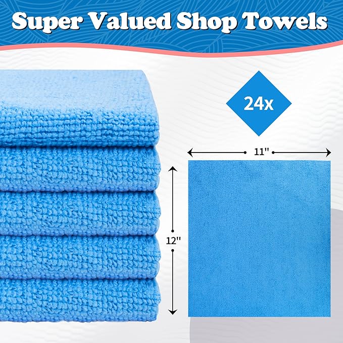 FIXSMITH Microfiber Cleaning Cloth, Shop Towels Bulk, 24 Pack Blue Microfiber - Image 2