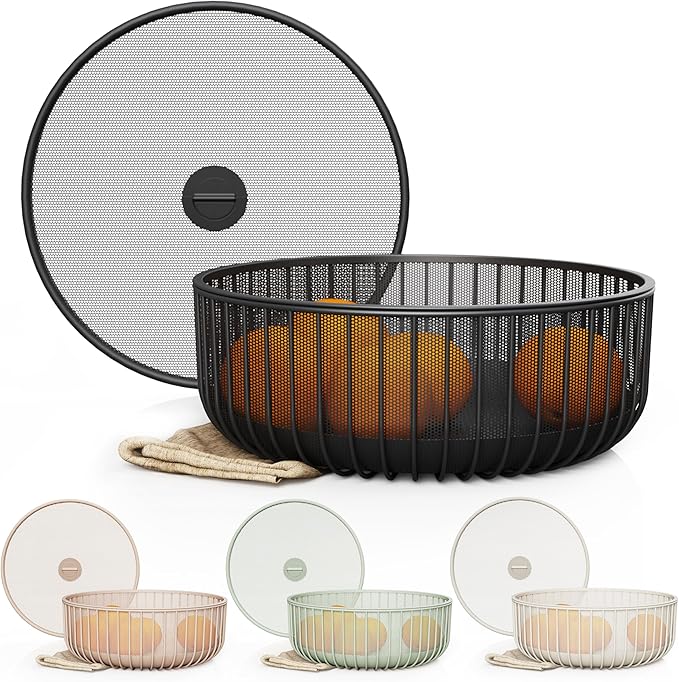 Metal Fruit Bowl with Mesh Lid and Basket - Fruit and Vegetable Holder For Kitchen Counter - Countertop Display Baskets Organizer - Bowl Storage for Veggie, Fruits, Snack, and Banana - Black