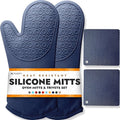 BPA-Free Soft Silicone 4 Piece Oven Mitts & Trivets Set - Ultra Heat Resistant Oven Mitts with Thick Cotton Liner - Long Slip Resistant Pot Holders, Flexible Oven Gloves - Navy