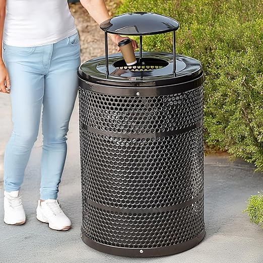 32 Gallon Perforated Recycle Container with Rain Bonnet Lid, Steel Outdoor Heavy-Duty Commercial Trash Can, Black Round Waste Bin, Durable Garbage Can for Municipalities, Schools, Parks, Parking