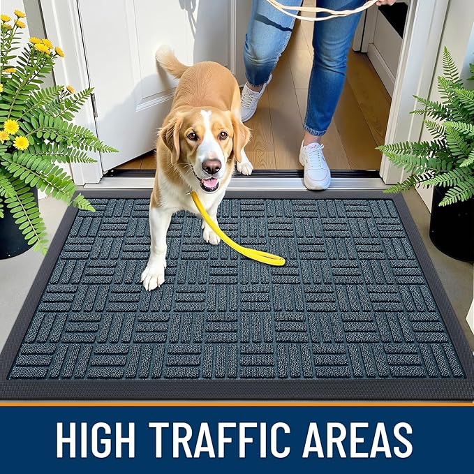 OLANLY Front Door Mat Outside Entrance 59x23, Absorbent, Heavy Duty Sturdy Natural Rubber Doormat Indoor Outdoor, Non-Slip, Stain and Fade Resistant, Low Profile Floor Mat for Entryway, Lake Blue