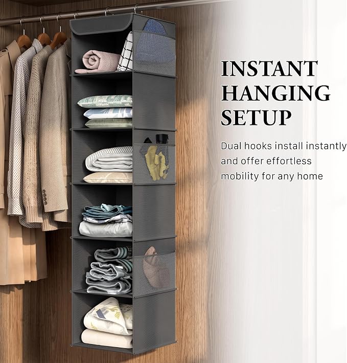 Simple Houseware 6 Shelf Hanging Closet Organizer, Dark Gray | 360° Rotating - Image 6