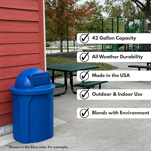 Campus Collection 42 Gallon Circle 100% Recycled Plastic Heavy-Duty Commercial Outdoor or Indoor Trash Can with Push Open Dome Lid and Internal Liner | Great for Schools and Businesses - Red