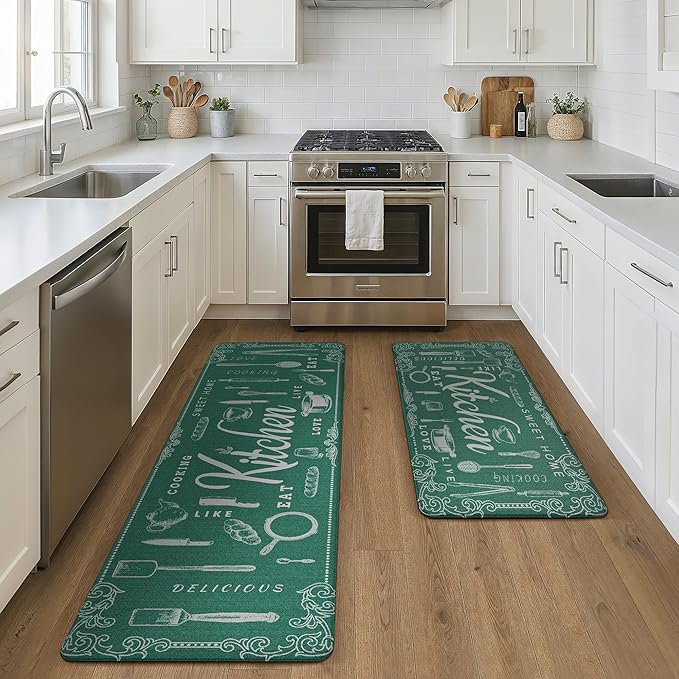 GENIMO Anti Fatigue Kitchen Mats for Floor, Non Slip Washable Kitchen Theme Rugs sets of 2, Farmhouse Cushioned Waterproof Comfort Runner Rug for Kitchen, Sink, Desk, Laundry, 17"x 59"+17"x 30", Green