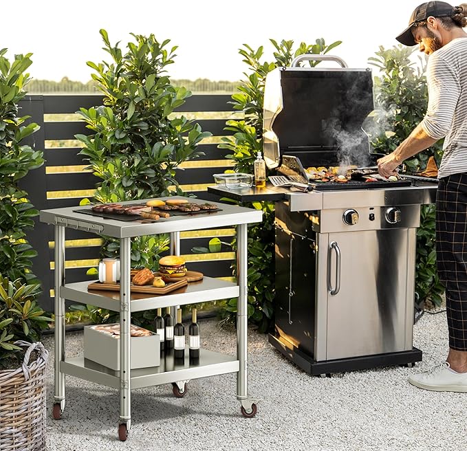 YITAHOME NSF Stainless Steel Table, 30" X 24" Work Table with Wheels, 3 Shelves Metal Prep Worktable for Home Kitchen Restaurant Garage Warehouse Outdoor