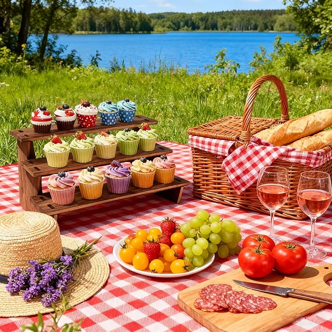 Wood Display Stand - Rustic Cupcake Stands, Tiered Cupcake Stand, 3 Tier Wood Risers Display Stands for Cup Cake, Dessert, 2 Pack