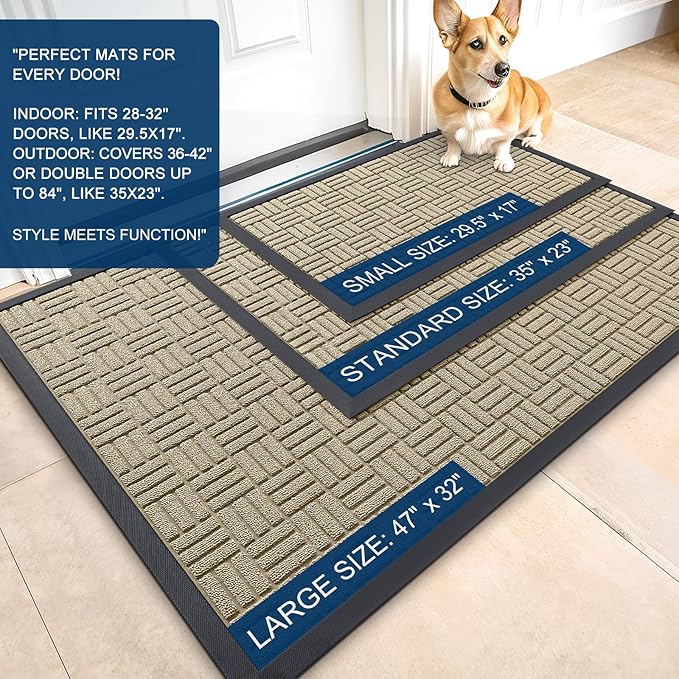 OLANLY Front Door Mat Outside Entrance 47x17, Absorbent, Heavy Duty Sturdy Natural Rubber Doormat Indoor Outdoor, Stain and Fade Resistant, Non-Slip Backing Low Profile Floor Mat for Entryway, Beige