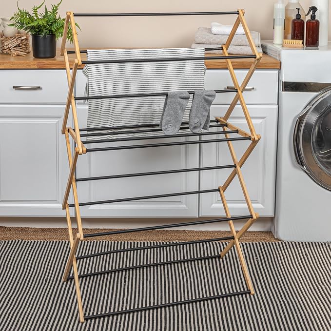 Household Essentials Bamboo Folding Clothes Drying Rack | Large Capacity - Image 9