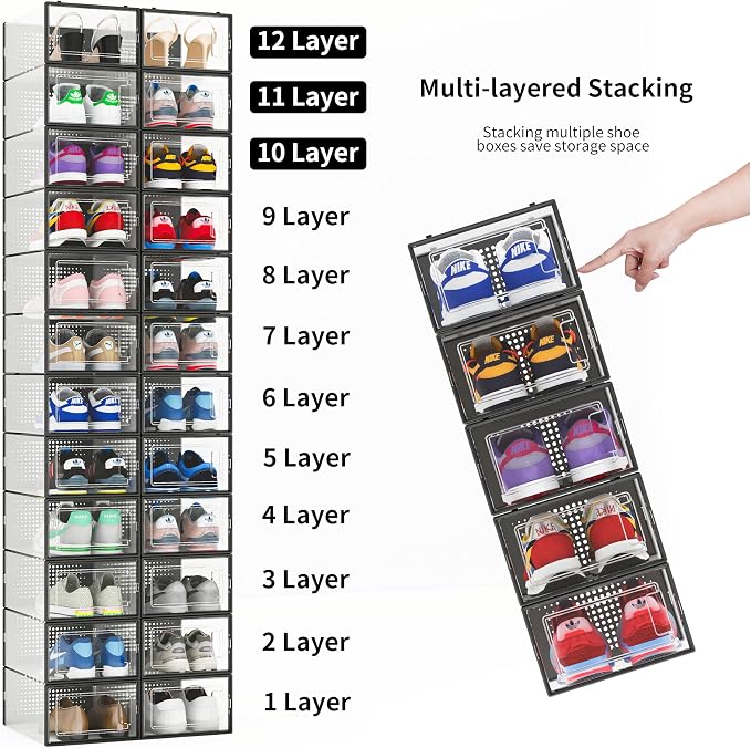 12 Pack Shoe Storage Bins, Space Saving Foldable Shoe Rack, Shoe Box Sneaker - Image 4