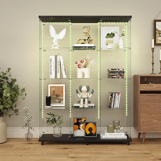 Yoluckea 4 Tiers Glass Display Cabinet Extra Large with Bluetooth LED Light Strip, 2 Doors Floor Standing Curio Cabinet with Universal Wheel for Home, Black Glass Bookshelf for Collections, Wood Top