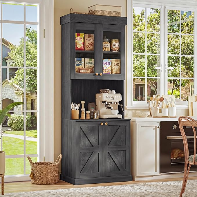 Vyre 71" Farmhouse Kitchen Pantry Cabinet, Black Freestanding Coffee Bar Hutch with Glass Doors & Adjustable Shelves, Large Storage Cabinet with Microwave Stand for Living Room & Kitchen