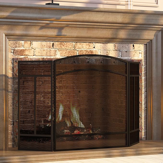 Fire Beauty Fireplace Screen 3 Panel Wrought Iron 48"(L) x 29"(H) Spark Guard Cover(Black)